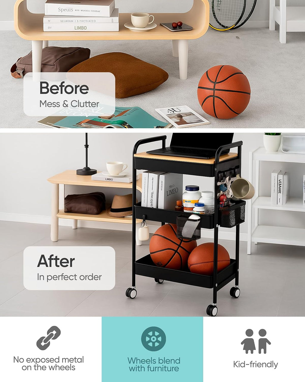 Art Cart with Tabletop & Pegboard - 3-Tier Rolling Utility Cart with Wheels, 2 Baskets & 6 Hooks - Metal Storage Organizer for Home, Office, Crafting & Kids’ Art Supplies (Black)