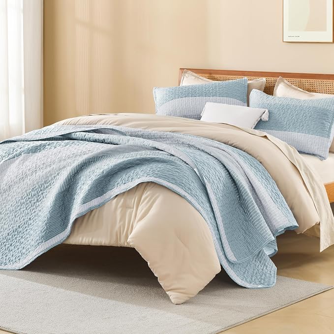 Litanika Quilt Queen Size Spa Blue, Stripe Patchwork Summer Bedspread Coverlet - Image 4