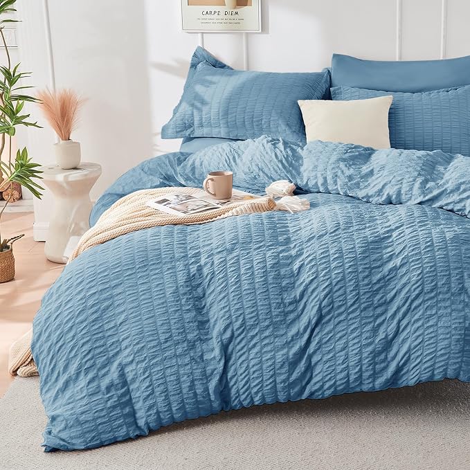 HYMOKEGE Mineral Blue Queen Comforter Set Seersucker 7 Pieces, All Season - Image 2
