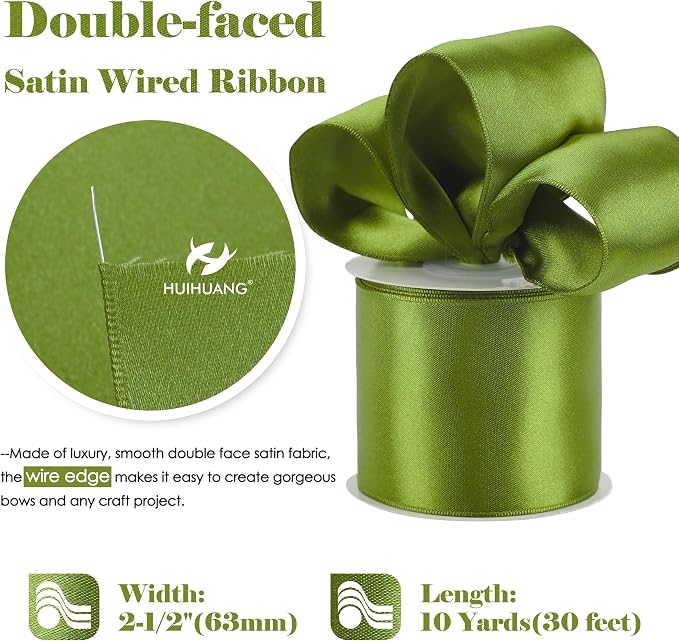 HUIHUANG Olive Green Wired Ribbon 2.5 inch Green Satin Wire Ribbon - Image 2