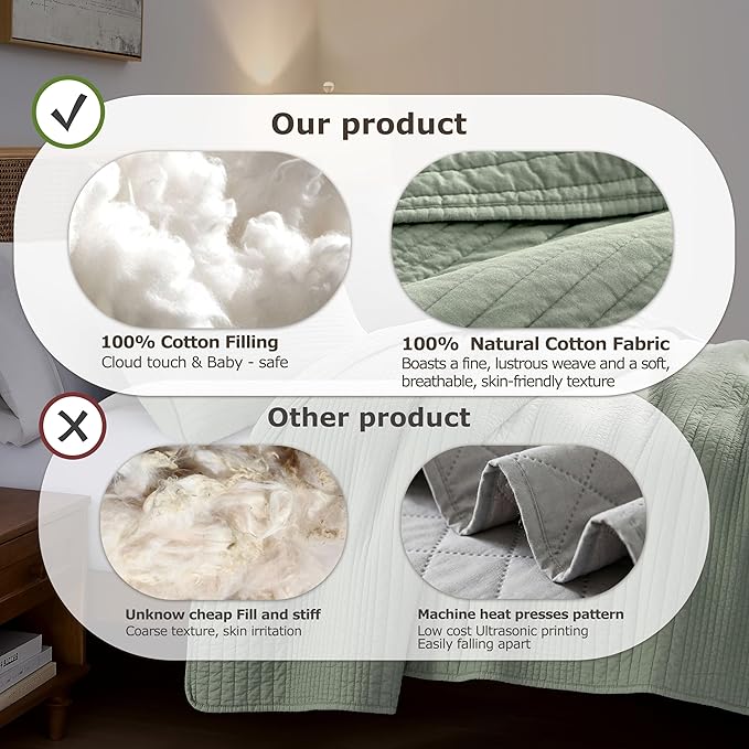 PALASSIO Striped Sage Green 100% Cotton Quilt California Cal King Size Bedding - Image 7