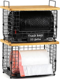 1 Pack Stackable Storage Trash Bag Baskets with Bamboo Top, Large & Standard Trash, Garbage Bag Holder Dispenser, Multiuse Basket for Kitchen Pantry Cabinet Counter Under Sink Laundry Organizing
