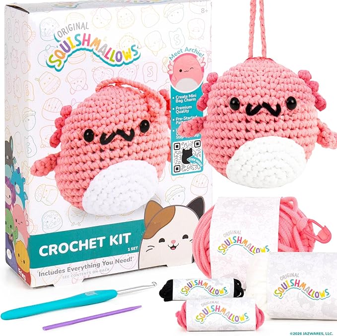 Original Squishmallows™ Crochet Kit – Archie Bag Charm, Axolotl Crochet Kit by HorizonGroupUSA