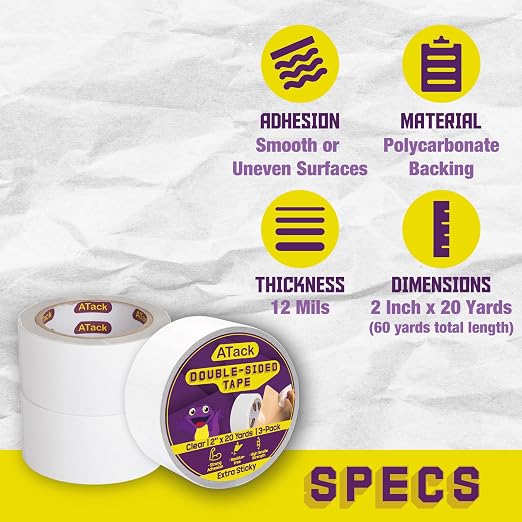 ATack Double Sided Clear Tape, 2-Inch x 20 Yards Heavy Duty Picture Mounting - Image 2