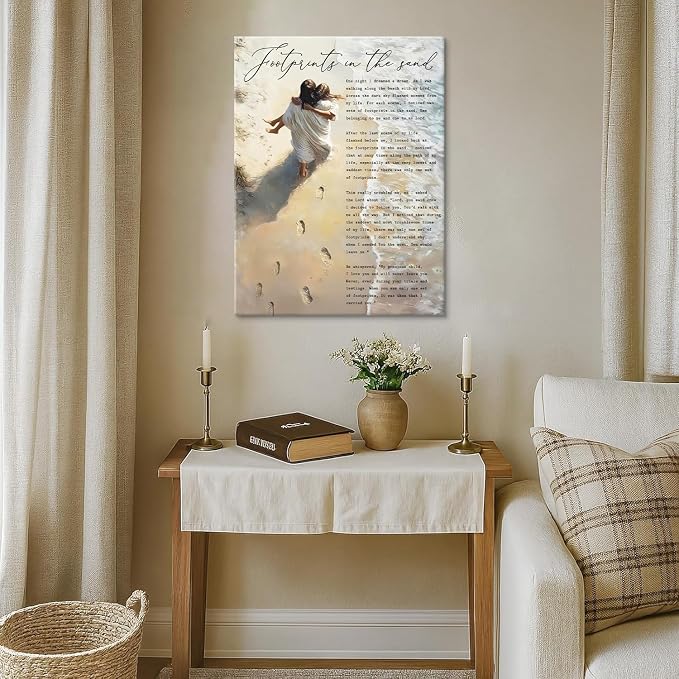 CYPQPCUH Jesus Footprints in the Sand Wall Art Canvas Print Jesus Holding Woman - Image 8