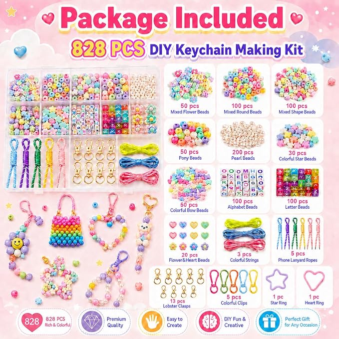 828Pcs DIY Beaded Keychain Making Kit, Bag Charm Making Kit | A-Z Alphabet Beads - Image 3