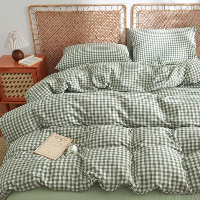 Nayoroom Gingham Duvet Cover King Size 100% Washed Cotton Green Plaid Checkered - Image 2