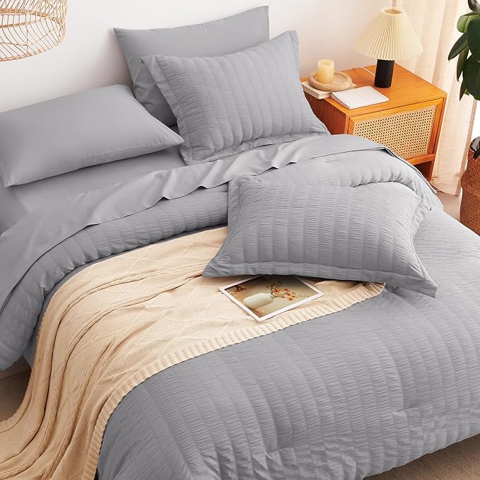 CozyLux Queen Comforter Set Grey Seersucker 7 Pieces Bed in a Bag Queen - Image 6