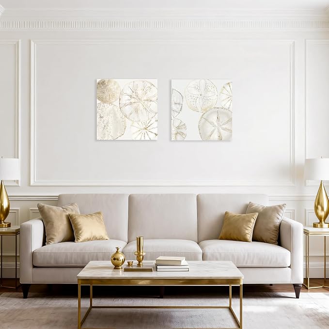 2 Pieces Coastal Wall Art Sea Shell Sand Dollar Painting Modern Abstract Gold - Image 4