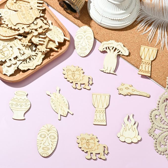 100 pcs Mixed Styles Grassland Animal Theme Unfinished Wooden Cutout Charms - Image 6