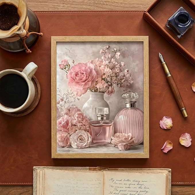 REWBKFIM Pink Floral Canvas Wall Art Vintage Perfume Bottle Rose Flower - Image 2