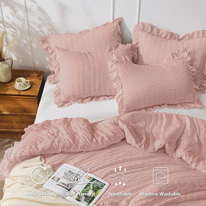 JOLLYVOGUE King Size Comforter Set, 3 Pieces Rose Gold Seersucker Comforters - Image 2