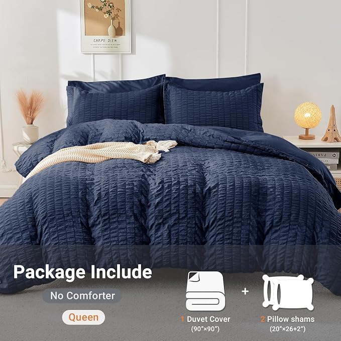 HYMOKEGE Navy Blue Duvet Cover Queen Size, Ultra Soft 3-Piece Seersucker Duvet - Image 5
