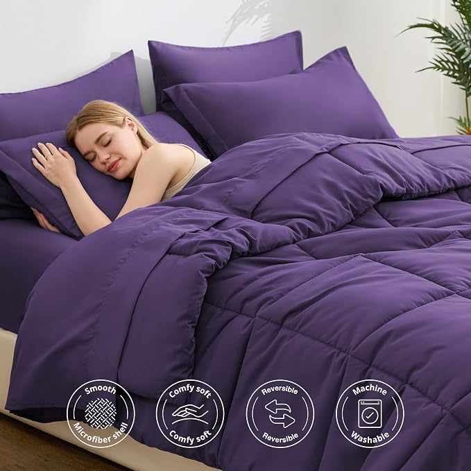 Love's cabin King Size Comforter Set Dark Purple, 7 Pieces King Bed in a Bag - Image 3