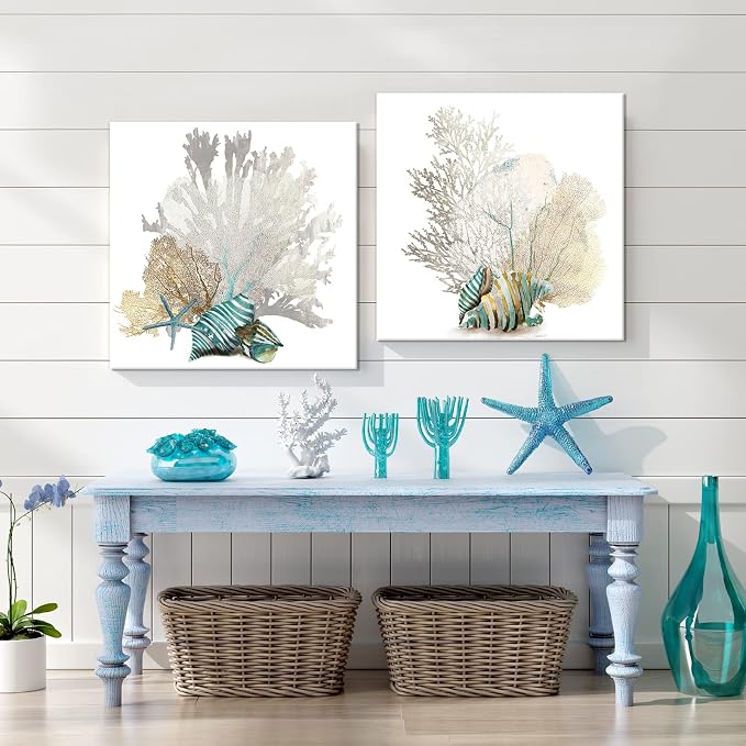 JAPO ART White Coral Wall Art Coastal Wall Decor Beach Bathroom Decor Sea Shell - Image 4