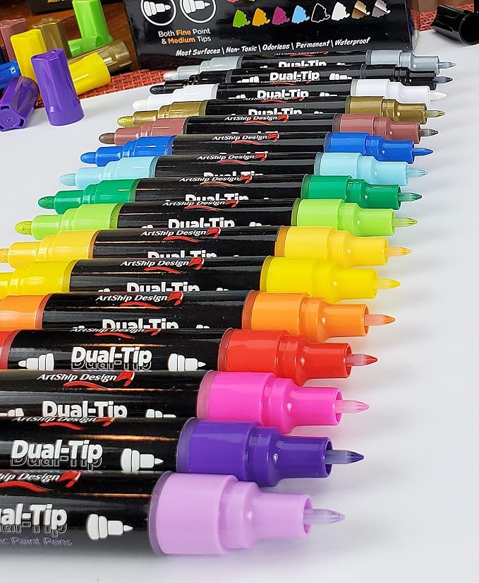 16 Dual-Tip Acrylic Paint Pens, Both Extra Fine and Medium Tip Paint Markers - Image 3