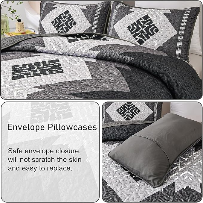 Dintszyayue Boho Quilt Set King Size 3 Pieces Black Grey Aztec Texture - Image 5