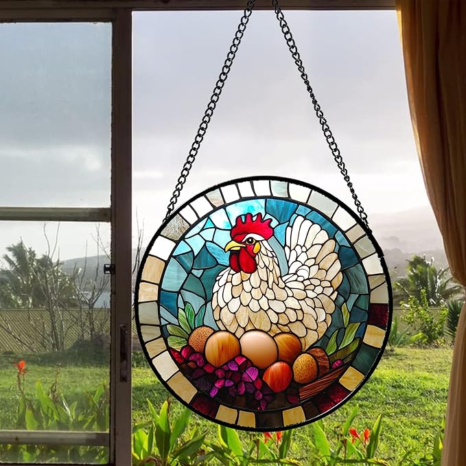 DASTOLL Stained Glass Window Hanging White Chicken Hatching Eggs 9.8" - Image 4
