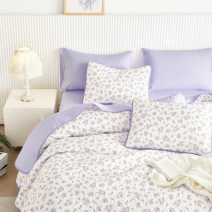 Wake In Cloud - Floral Quilt Set, Coquette Cottagecore Shabby Chic Flower by WakeInCloud