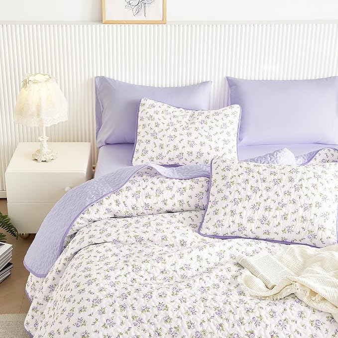 Wake In Cloud - Floral Quilt Set, Coquette Cottagecore Shabby Chic Flower by WakeInCloud