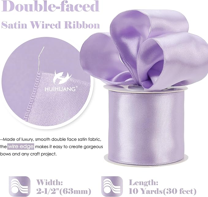 HUIHUANG Lavender Satin Wired Ribbon 2.5 inch Light Purple Double Sided Satin - Image 2