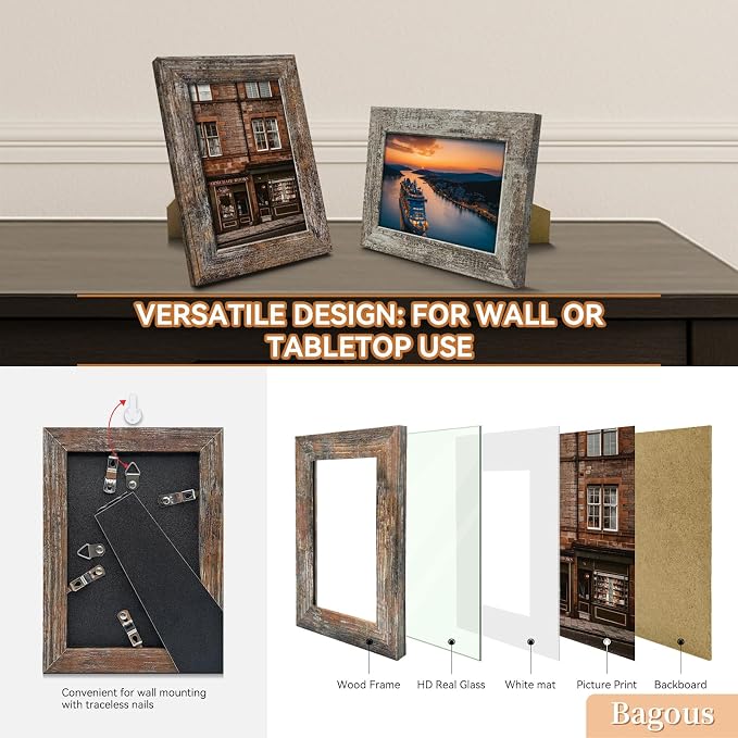5x7 Picture Frames Set of 8, Vintage Rustic Farmhouse Industrial Style Photo - Image 4