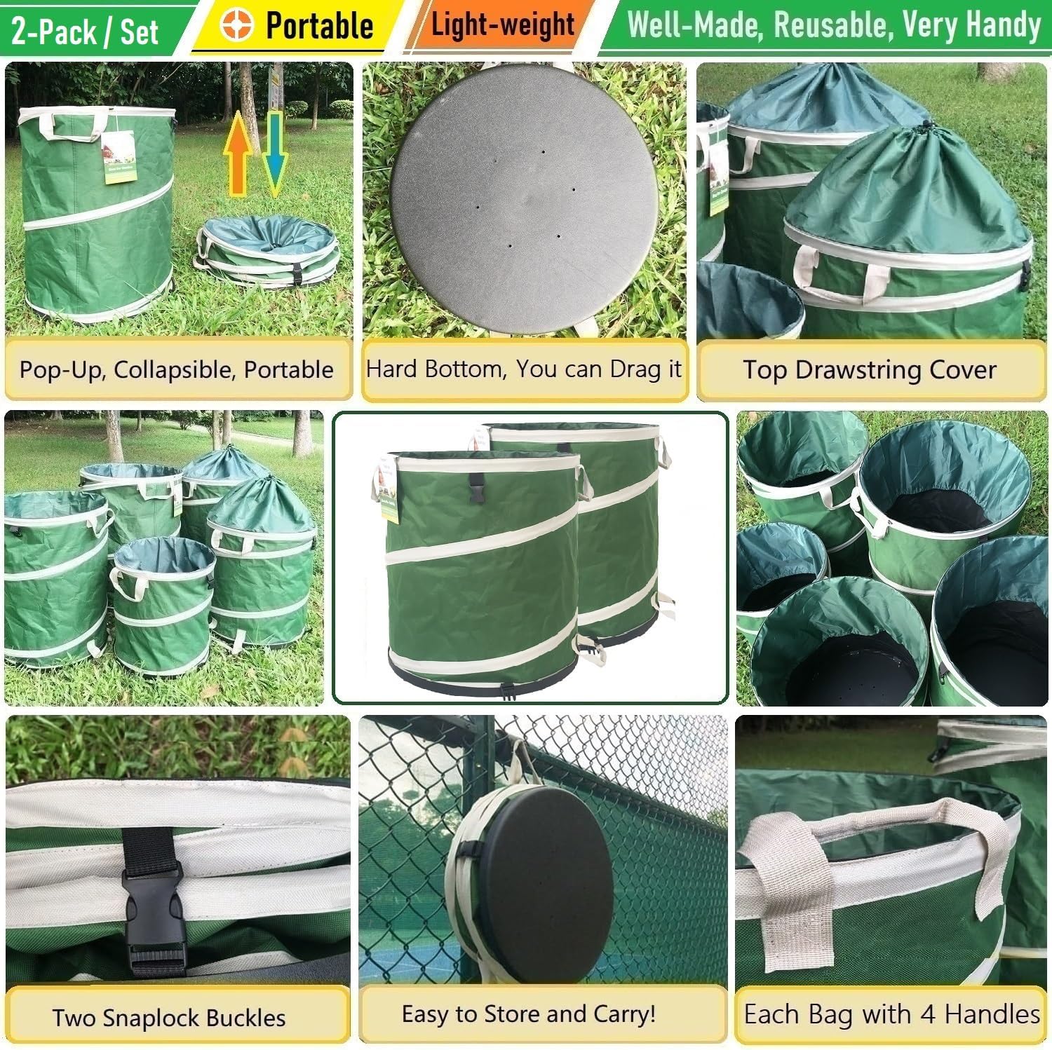 2-Pack 24 Gallon Collapsible Trash Can (19x21 in) Solid Bottom for Pop-Up Trash Can,Recycling Bin,Camping Waste Bin,Laundry Hamper,Yard Waste Bag,Yard Debris Bag,Lawn Grass,Garden Weeds Bags,Leaf Bags