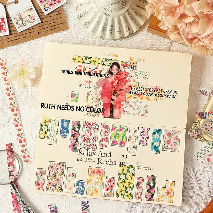 80 Pcs Vintage Botanical PET Flower Stickers Pack, Long Strip Transparent - Image 2