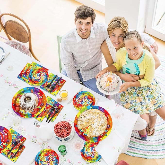 200pcs 60's Hippie Party Plates Napkins Groovy Paper Tableware Set Tie Dye Cake - Image 7
