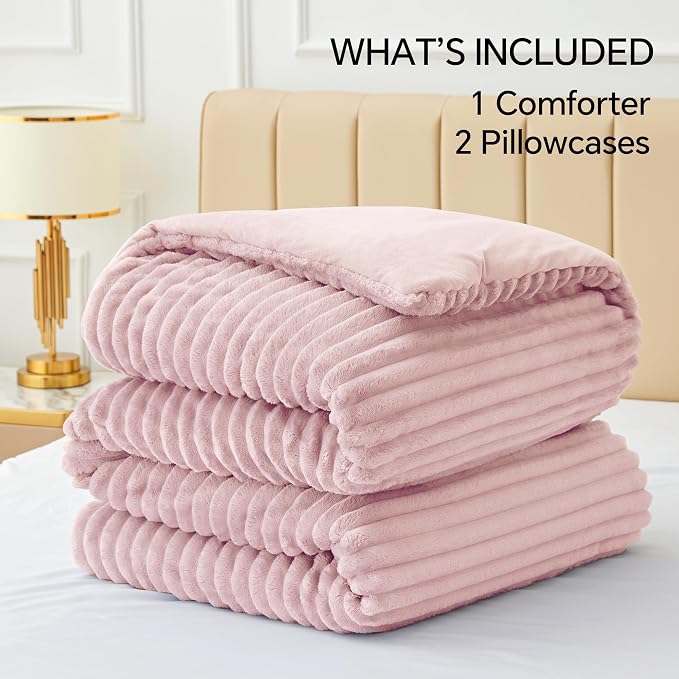 BEDELITE Fleece California King Comforter Set -Super Soft & Warm Fluffy Pink - Image 7