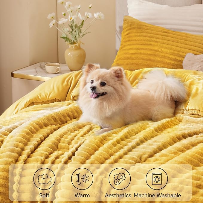 BEDELITE Fleece Full Comforter Set -Super Soft & Warm Fluffy Mustard Yellow - Image 3