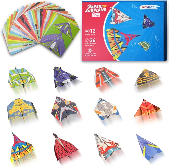Paper Airplane Origami Kit for Kids Ages 8-12, 12 Paper Airplane Designs by LUMIKIDZexercisebook