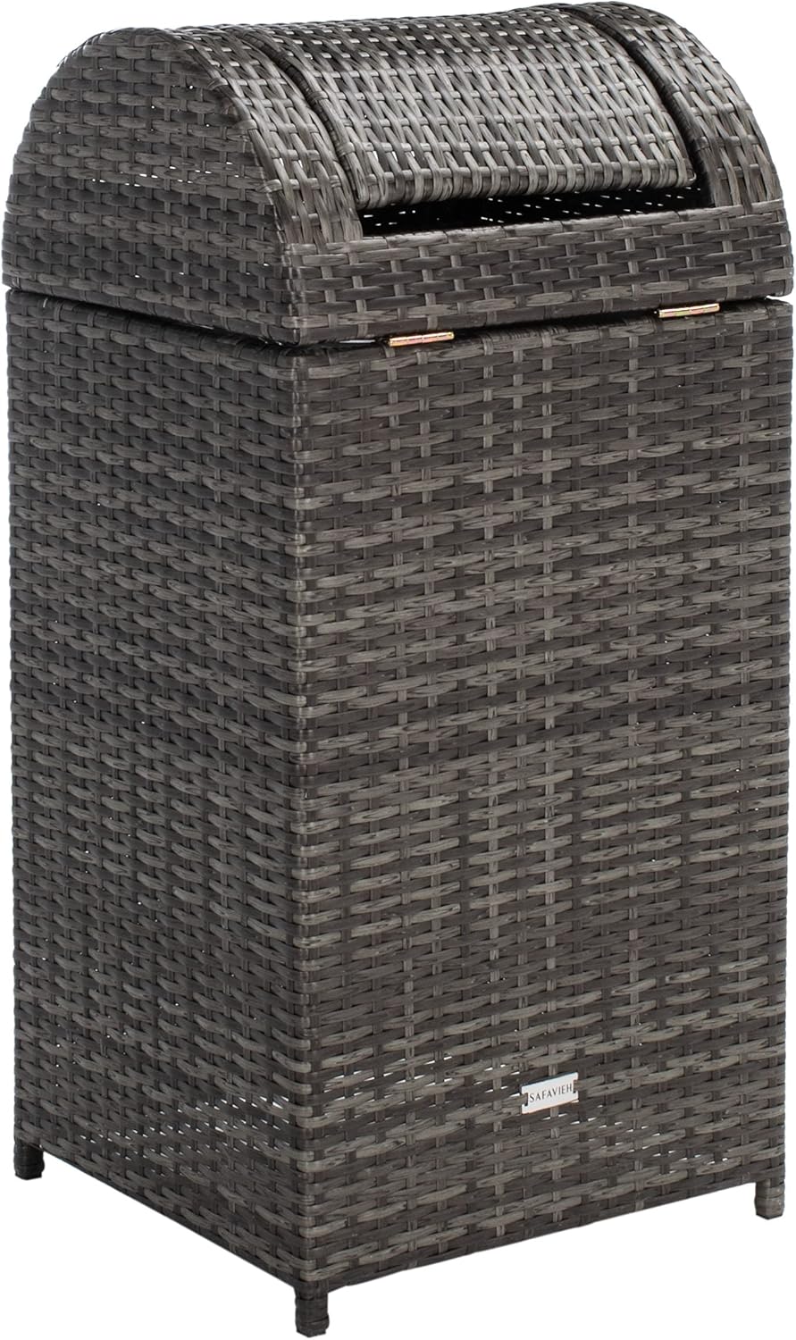 SAFAVIEH Outdoor Collection Mazeli Grey Brown Woven Swing Top Dome Lid Trash Bin (Fully Assembled) PAT7511C