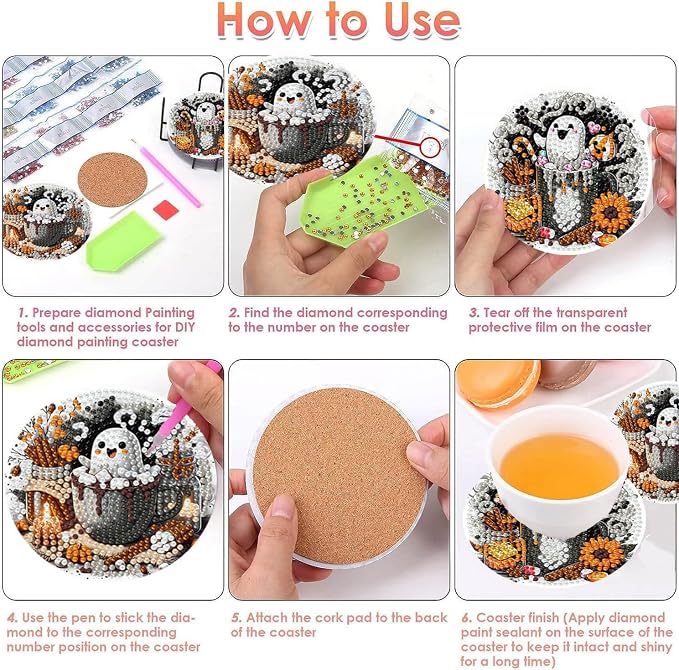 8 PCS Halloween Diamond Art Coasters Kits, Ghost Diamond Painting Coaster | - Image 3