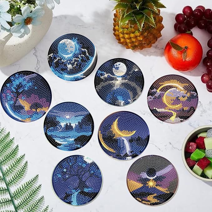 Gemozaic 8PCS Diamond Art Coasters Kit, Moon Night Landscape Diamond Painting - Image 8