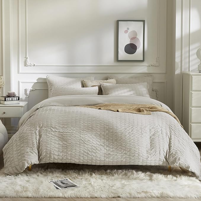 JELLYMONI Beige Duvet Cover Full Size, Soft Breathable Seersucker Duvet Cover - Image 3