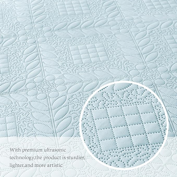 FLYMME Quilt King Size, Lightweight Sky Blue Bedspreads, Vintage Olive Leaf - Image 6