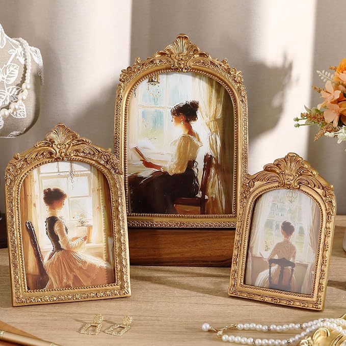 Wonderjune 3 Pcs Vintage Picture Frames Antique Set Baroque Ornate Gold Arched by Wonderjune