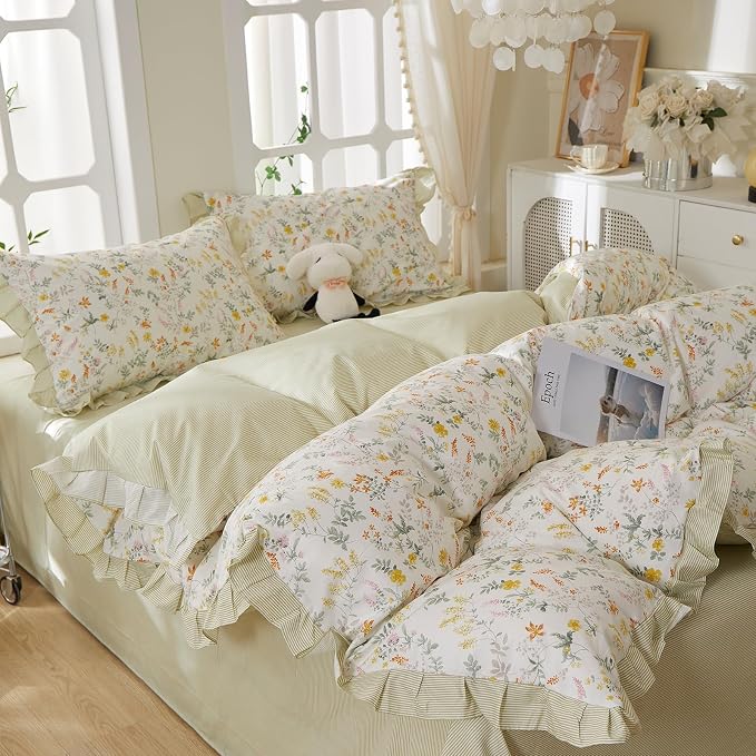 mixinni 100% Cotton Duvet Cover Set King, Reversible Spring Floral Ruffle Green - Image 9