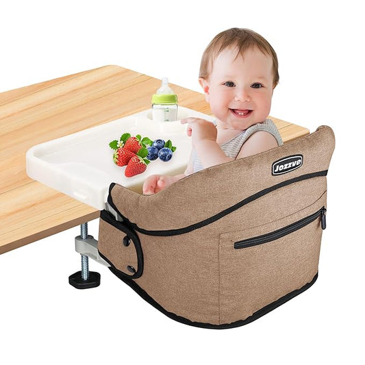 Clip-On High Chair with Removable Dining Tray for Babies and Toddlers, Fold-Flat Storage Portable Baby Feeding Seat, Attach to Fast Table Chair for Home Travel (Brown)