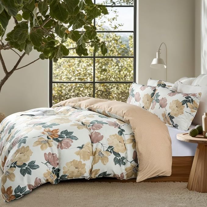 OAITE Duvet Cover King Size, Reversible Blooming Flower Orange Duvet Cover Set - Image 3