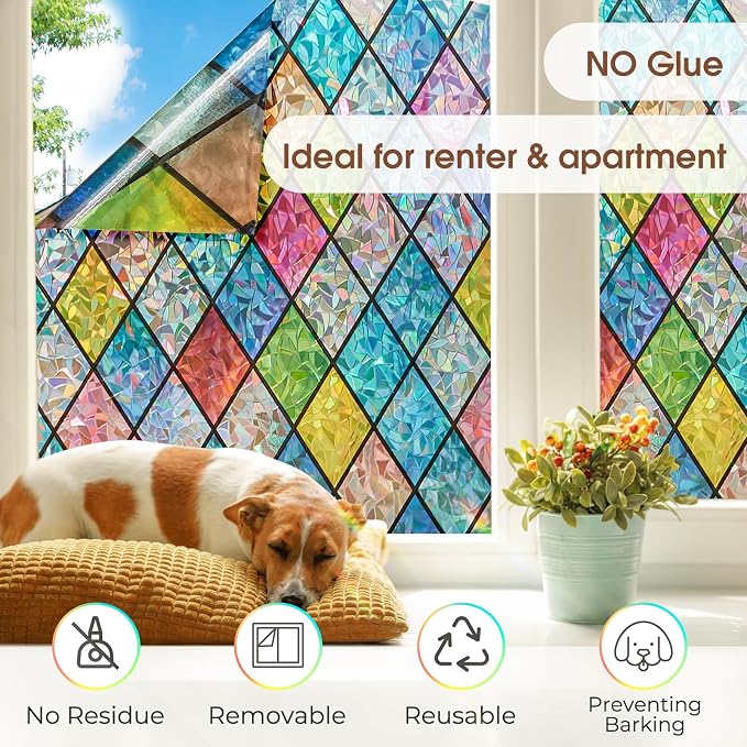 Coavas Window Privacy Film Stained Glass Window Clings 3D Rainbow Film - Image 5