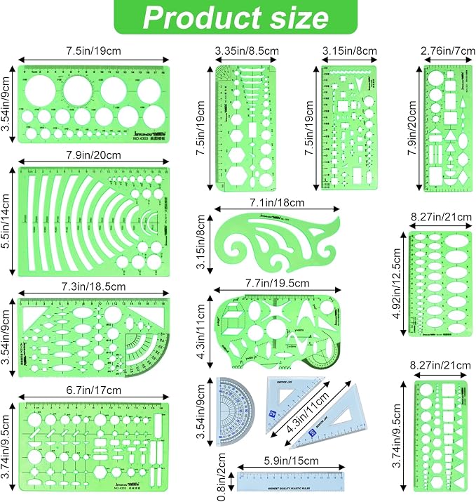 15PCS Geometric Drawings Templates, Transparent Green Plastic Ruler, Drafting - Image 2