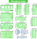 15PCS Geometric Drawings Templates, Transparent Green Plastic Ruler, Drafting - Image 2