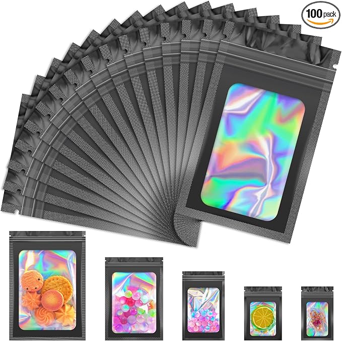 JETMORE 100 PCS Black Smell Proof Bag, Mylar Bags, Holographic Bags by Jetmore