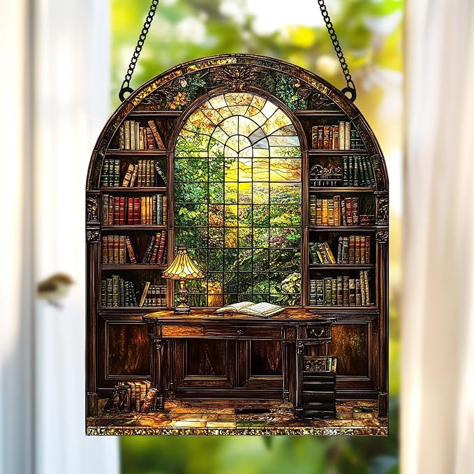Bookshelf Acrylic Suncatcher Window Hanging Faux Stained Glass Bookish Decor - Image 2