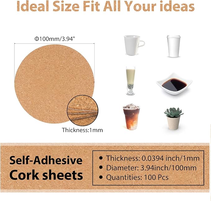 100 Pcs 4 Inch Round Self-Adhesive Cork Sheets, Wall Art & Decoration - Image 2