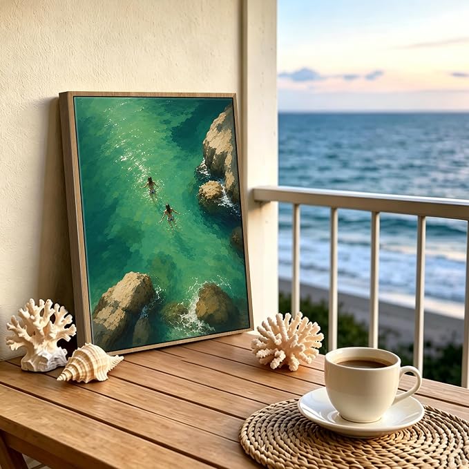 Framed Green Coastal Swim Canvas Wall Art Aerial View of Two Girls Swimming in - Image 2