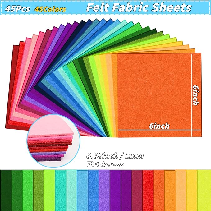 45 PCS Felt Fabric Sheets 6 x 6 Inch 2mm Craft Felt Sheets | 45 Assorted Colors - Image 2