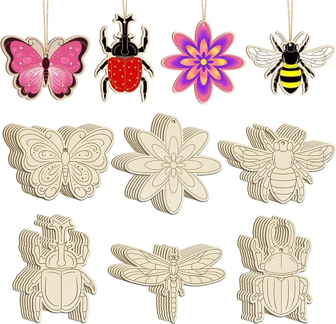 36PCS Wooden Spring Ornaments to Paint, 6 Styles DIY Blank Unfinished Wood by Sophena